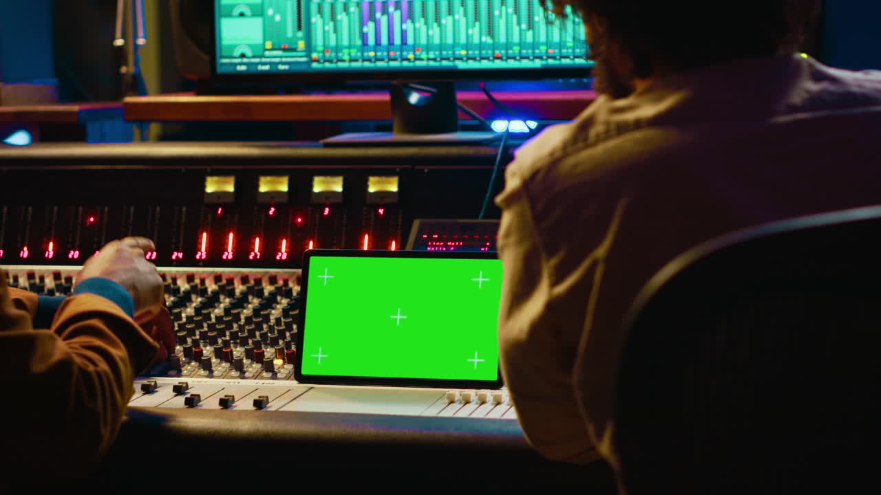 아티스트와 사운드 디자이너가 태블릿에서 디지털 편집 소프트웨어와 모을 검토합니다.