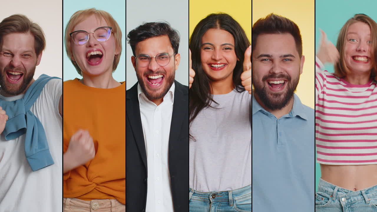 Collage of smiling happy people men women celebrating success victory win good positive news