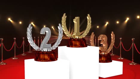 animation of first, second and third place award trophies at winners' prize giving ceremony