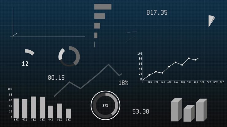 Financial business diagram, charts, numbers. Vertical bar, line and pie graphs, charts animation. Diagram with percentage symbol. Blue and gray design. 3D animation. 4K video