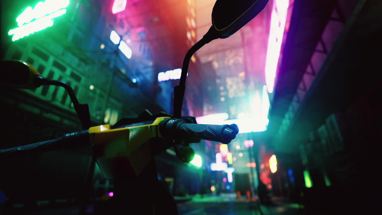 Vibrant night in a neon lit urban alley with a motorcycle in focus