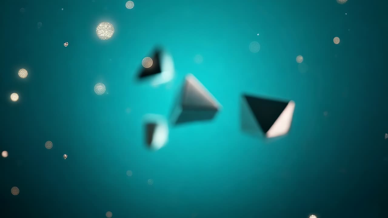 Cam pushing, focus shifting, floating metal pyramids rotating and revealing glints in teal studio