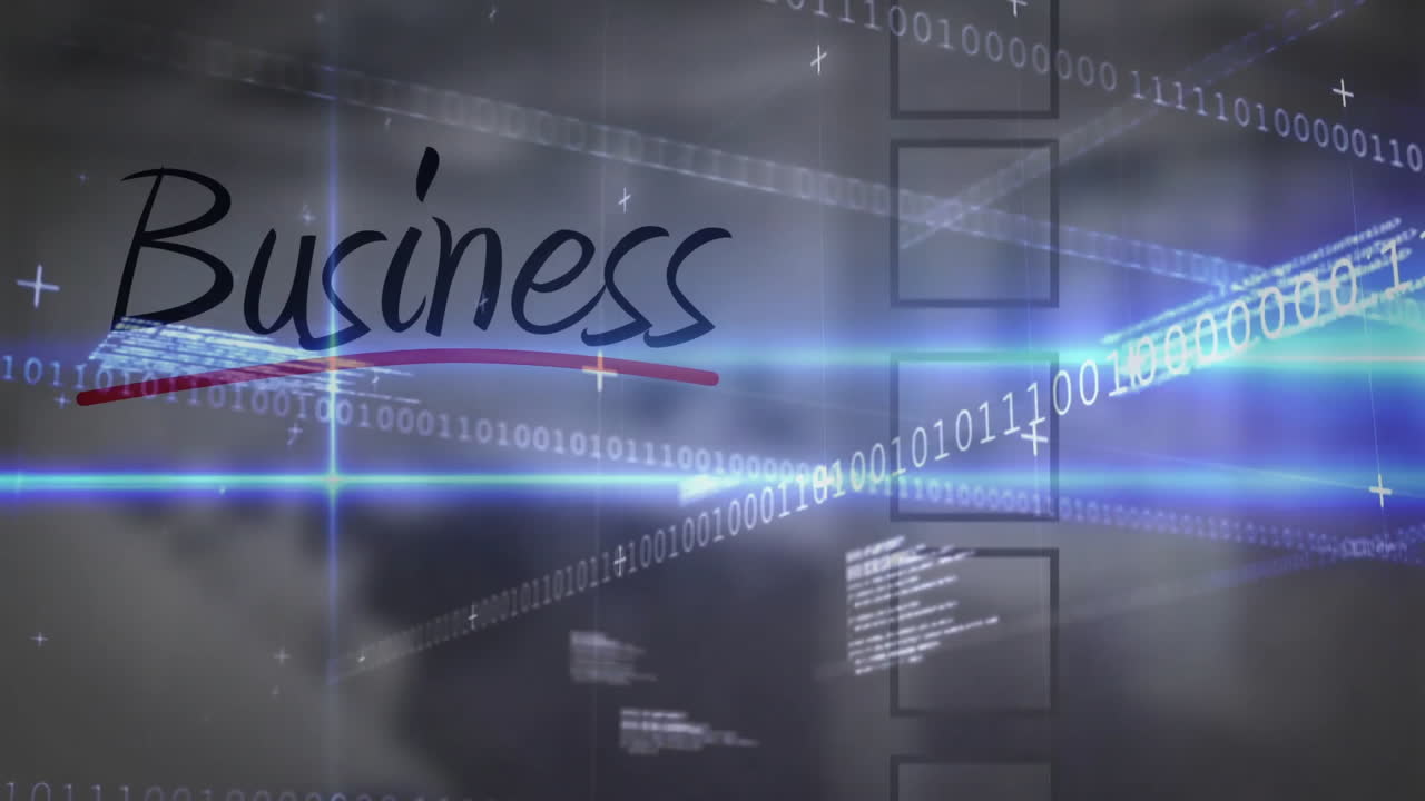 Floating Business script underlining red over interface with binary streams and transparent frames