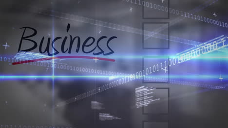 floating business script underlining red over interface with binary streams and transparent frames