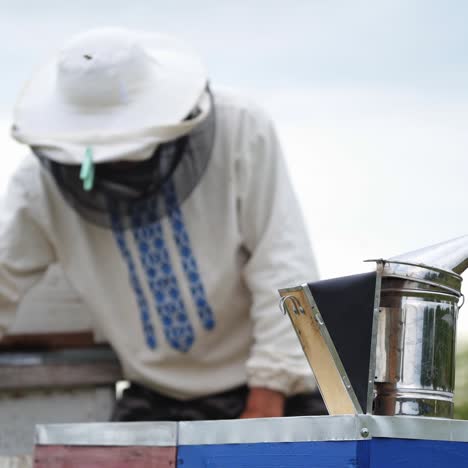 steel smoker for bees stands on hive. beekeeper works with wooden honeycombs on the blurred background