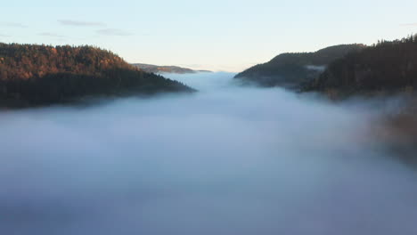 Rising-Aerial-Reveal-of-Alpine-Mountains-Above-Fog-in-Golden-Hour-Sunlight