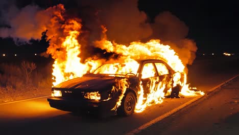 a car on fire on the side of the road at night