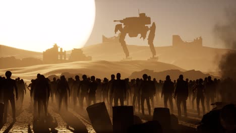 A-huge-Mech-Robot-standing-in-the-desert-in-front-of-a-large-sun,-with-crowd-looking-at-it,-destroyed-buildings-and-debris-all-over,-dystopian-scenery,-3D-animation-camera-pan-left-to-right-slowly