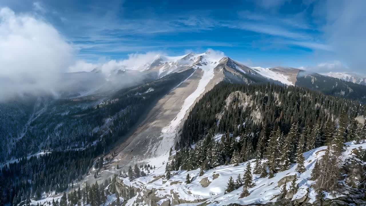 Ripresa panoramica di una cresta alpina, la fotocamera si sposta in avanti a destra, diradamento delle nuvole, rivelando una porzione sgombra, pini