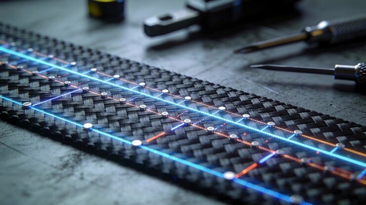 Powering braided strip, blue and orange traces pulsing on bench with rivets and tools for test