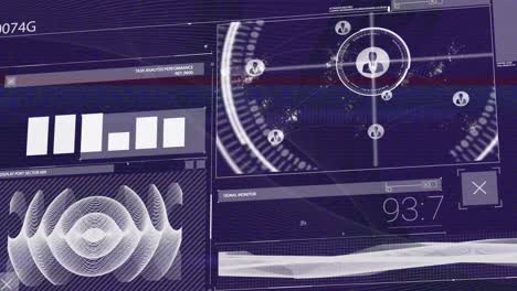 Animation of glitch technique over bar graph, profile icons, maps, waves and digital timer