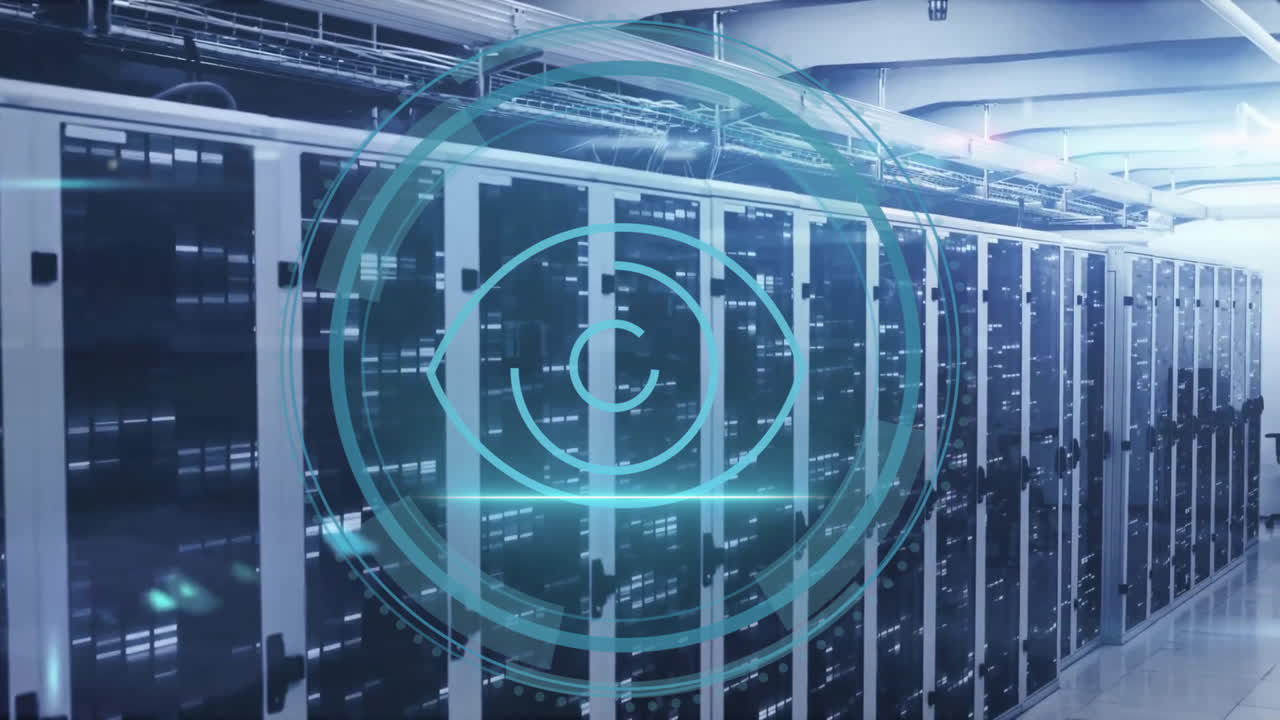 Animation of cyber security text and biometric scanner processing eye over server room