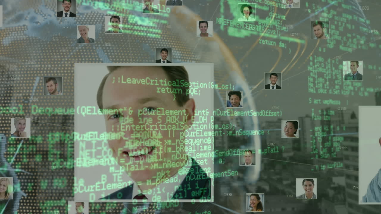 animación del procesamiento de datos sobre fotos de personas de negocios y globo