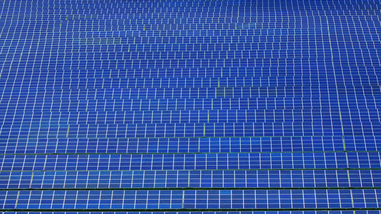 파란색 태양 전지 패널 줄. 대체 에너지원. 위에서 볼 수 있는 태양 전지 패널 공원