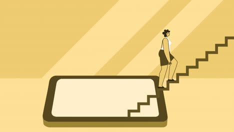 노란색 스타일의 여성 평평한 캐릭터가 스마트폰에서 계단을 올라갑니다. 알파 채널과 함께 고립된 루프 애니메이션