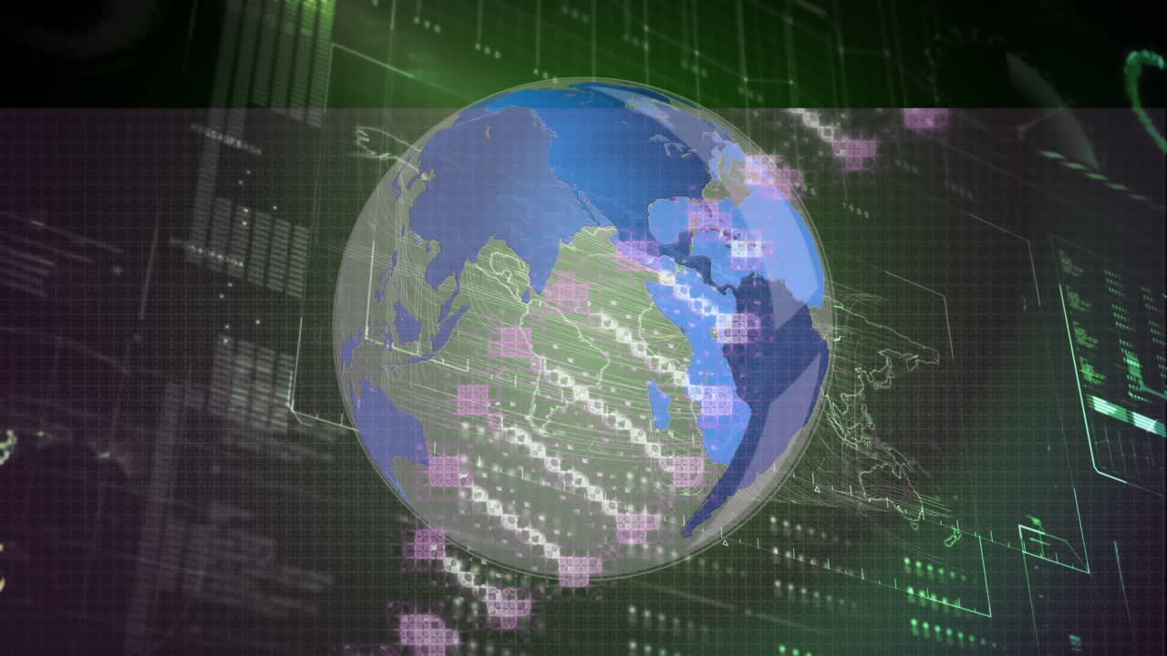 animación de la cadena de adn girando sobre el globo y procesamiento de datos en la pantalla