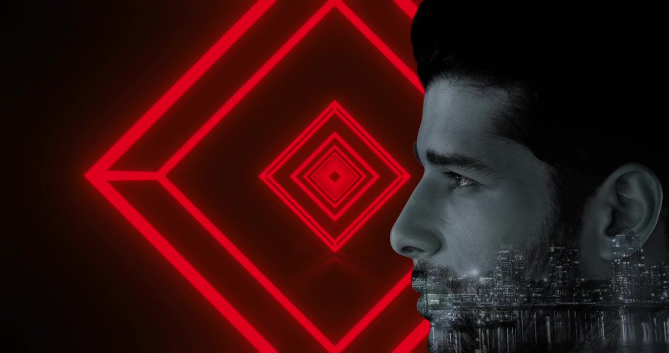 Animazione di un paesaggio urbano su un volto maschile, su sfondo di tunnel esagonale rosso neon con pattern continuo.