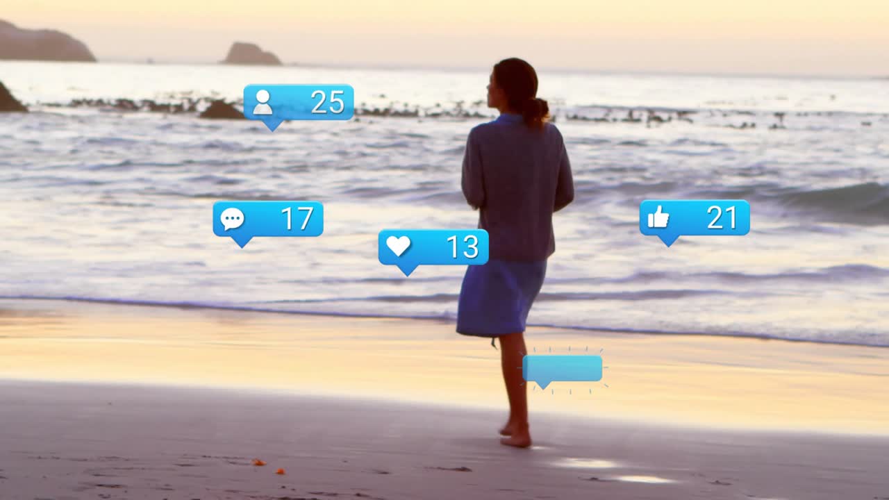 Walking barefoot sandy shore, woman stepping forward causing marketing icons updating around legs