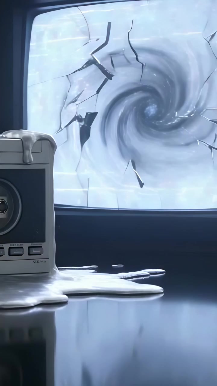 Vídeo vertical: TV em espiral causando rachaduras, jogando estilhaços no estúdio, com cassete e efeito de derretimento.