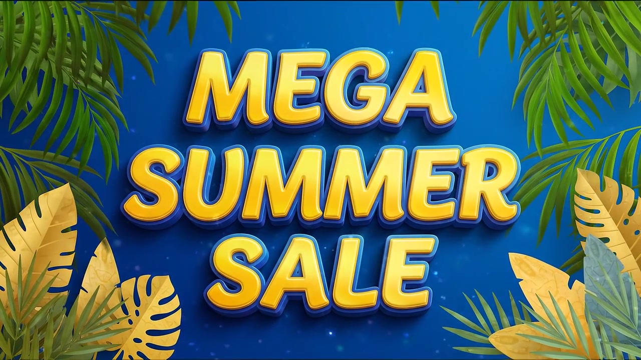 Animação de Mega Promoção de Verão Sazonal com Tipografia Amarela em Destaque e Fundo de Folhas de Palmeira Tropicais