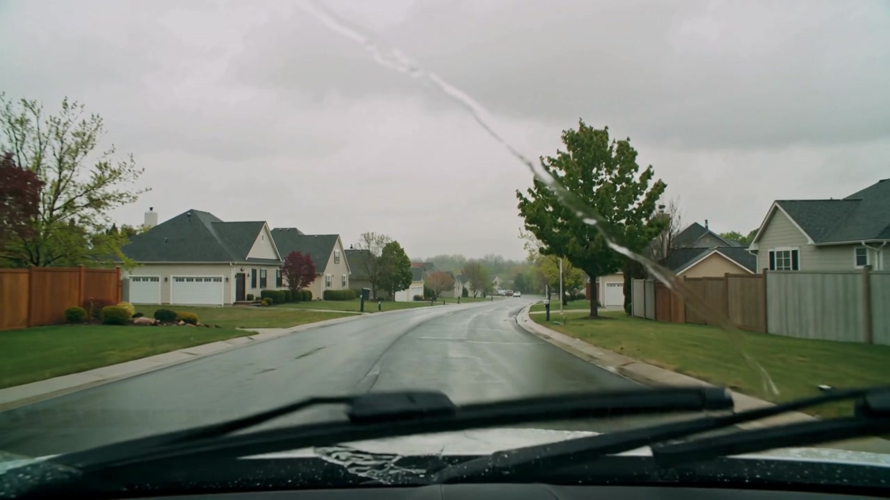 Sweeping wipers reacting to rain, clearing view while car moving slowly down suburban street