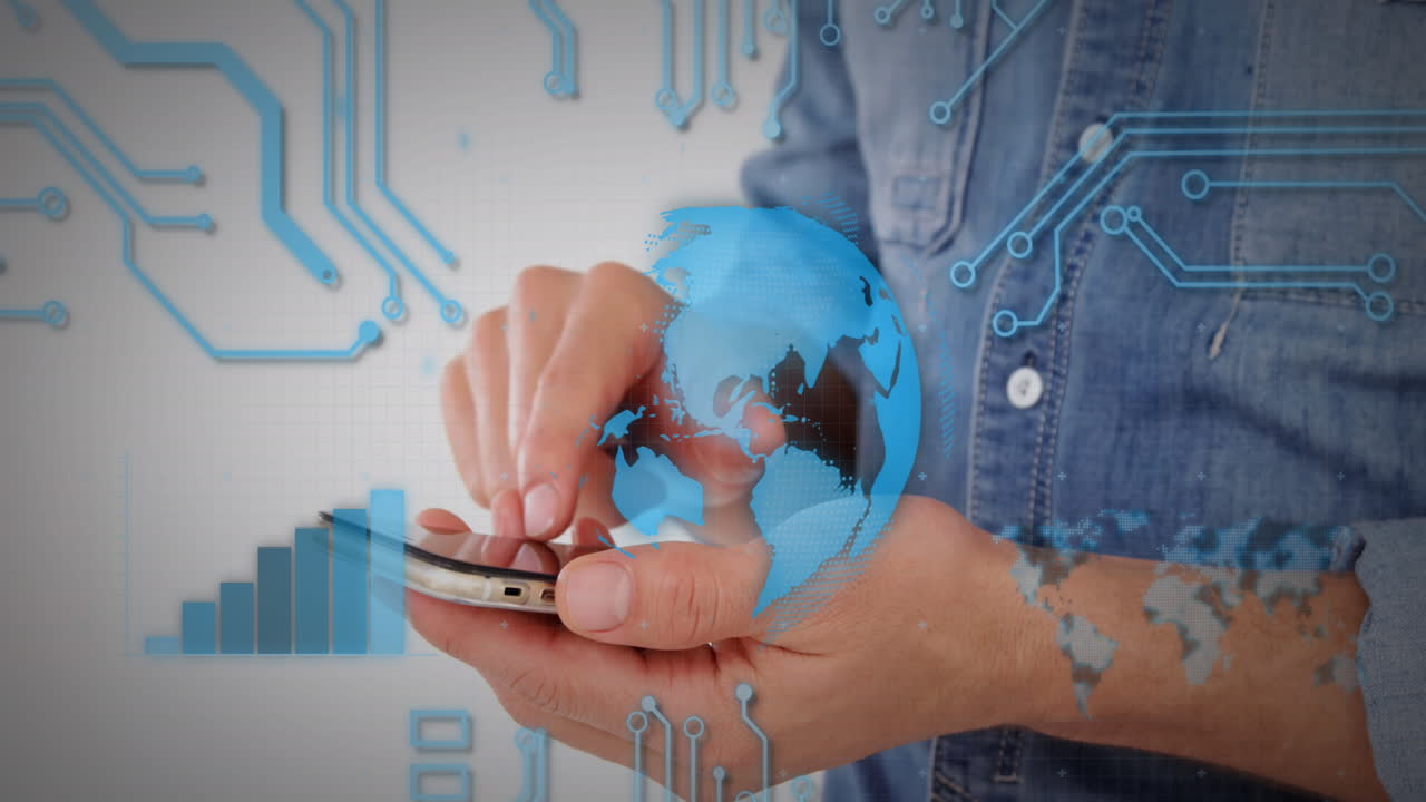 animación del procesamiento de datos sobre un empresario caucásico que usa un teléfono inteligente