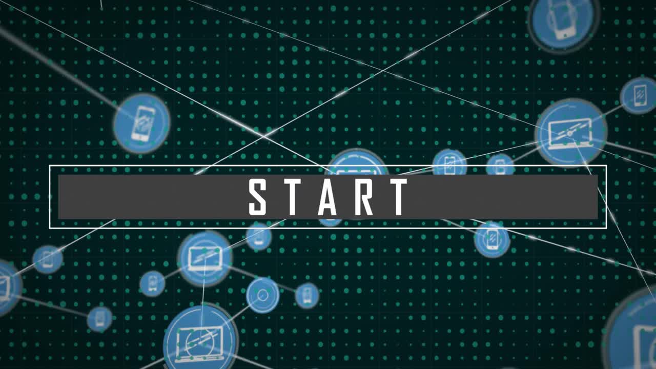 Animation of start text banner and network of digital icons against dots pattern on green background
