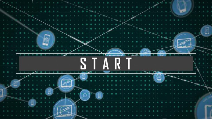 Animation af "start" tekstbanner og netværk af digitale ikoner mod prikmønster på grøn baggrund