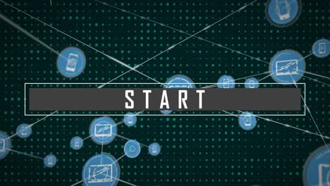 animation of start text banner and network of digital icons against dots pattern on green background