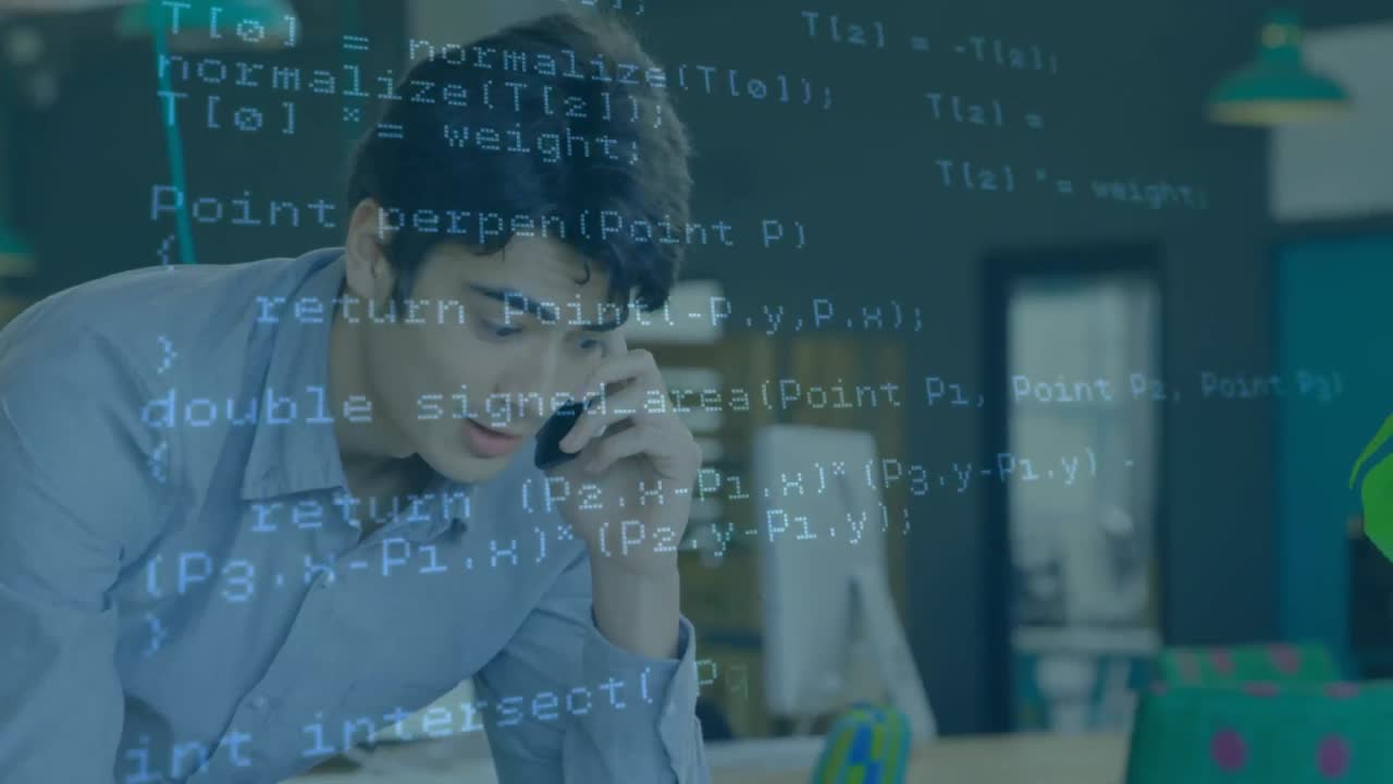 Animation of financial data processing over biracial businessman using smartphone