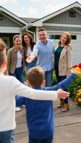 a happy family reunion with children running towards adults in front of a house
