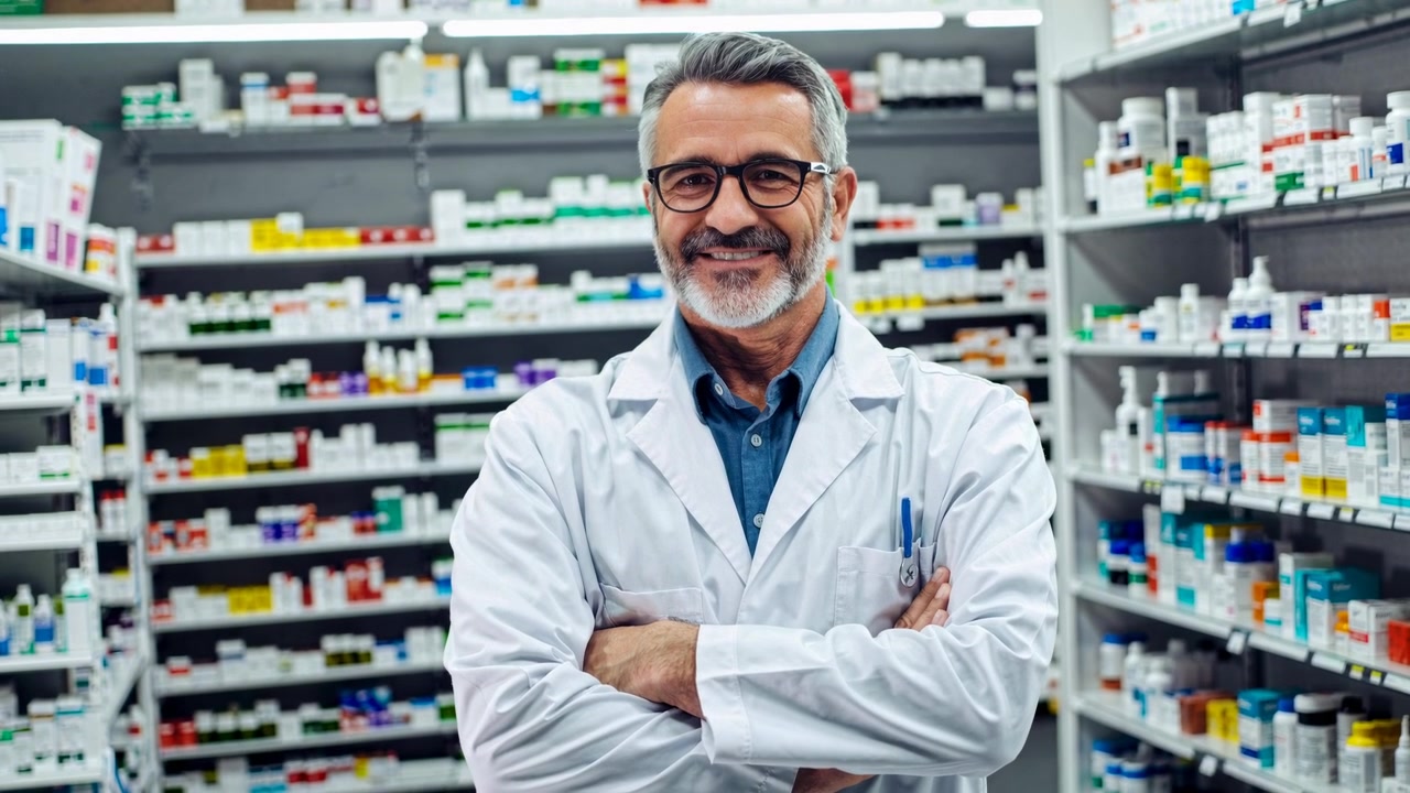 Farmacéutico sonriente de pie con los brazos cruzados en una farmacia