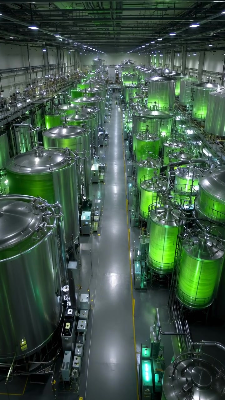 High angle frontal view through industrial processing hall showing parallel rows of tall stainless steel tanks, reactors, green illuminated panels, piping, control systems, reflective floor, and