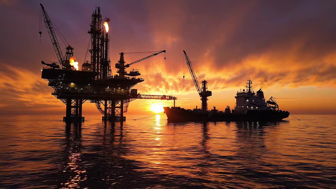 Piattaforma petrolifera offshore e nave di supporto all'orizzonte del tramonto dorato