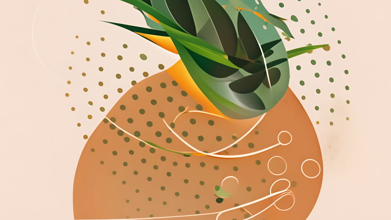 抽象的な形状と線のアニメーションは緑とオレンジの色で点点された背景の上にあります