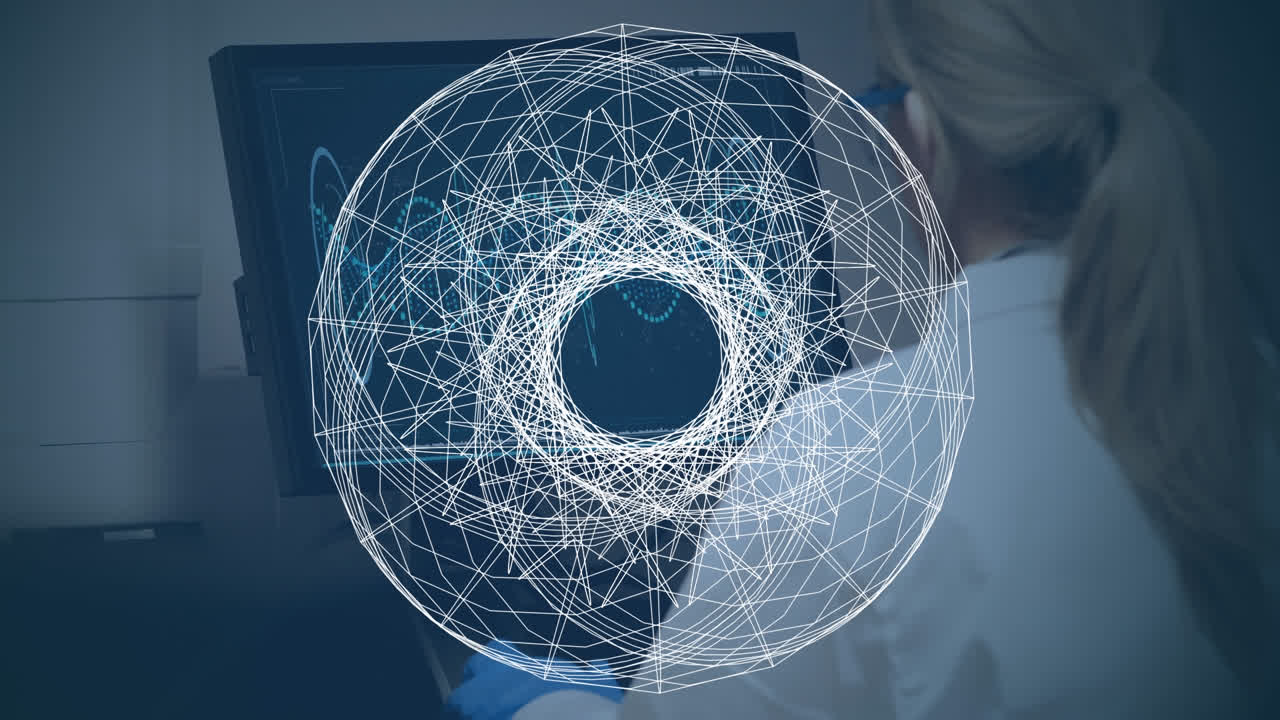 animación de círculos blancos sobre una doctora usando una computadora