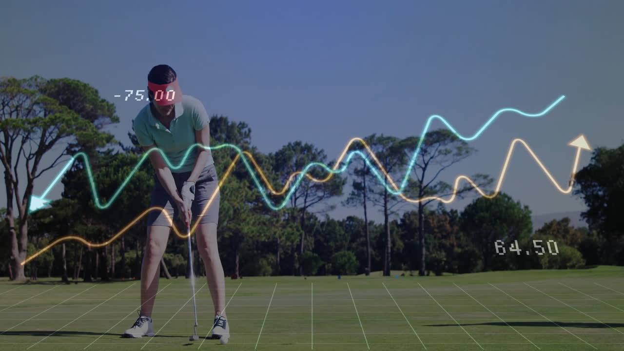 woman golfer bending over on putting green, displaying sports technology graphs and numeric data