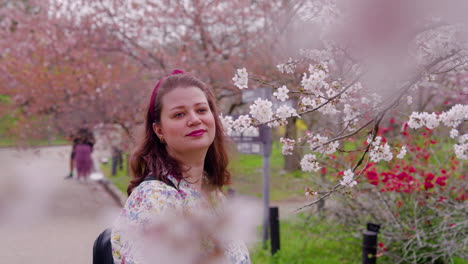 portrait of a european woman enjoying views of sakura flower trees in kyoto botanical gardens in japan