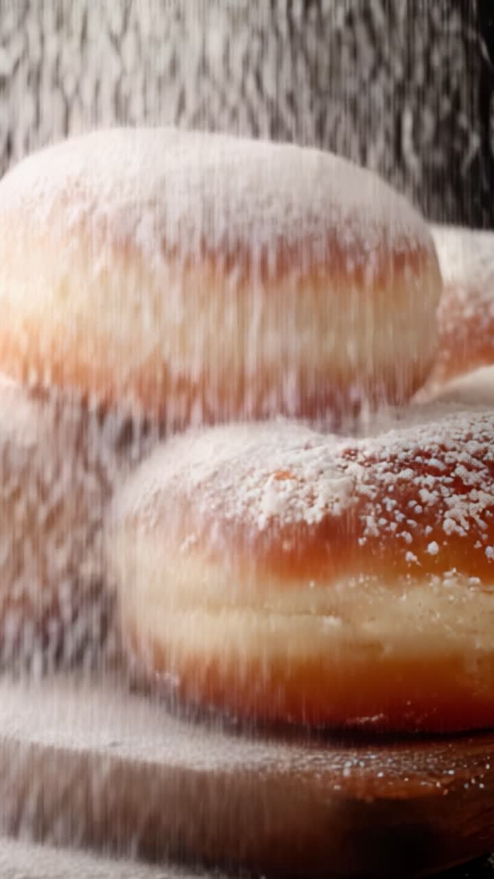 Frisch gebackene Donuts, bestreut mit Puderzucker, die ihre weiche Textur und Köstlichkeit in einer fesselnden Nahaufnahme zur Geltung bringen