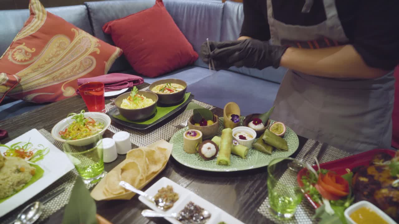 Asian dinner, Chef styling food, Asian restaurant, trainee chefs, tracking steady-cam gimbal shot cinematic, Asian decoration