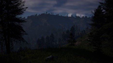 a dark pine forest with mist and mountain range at the background, 3d animation, animated scene, camera dolly up