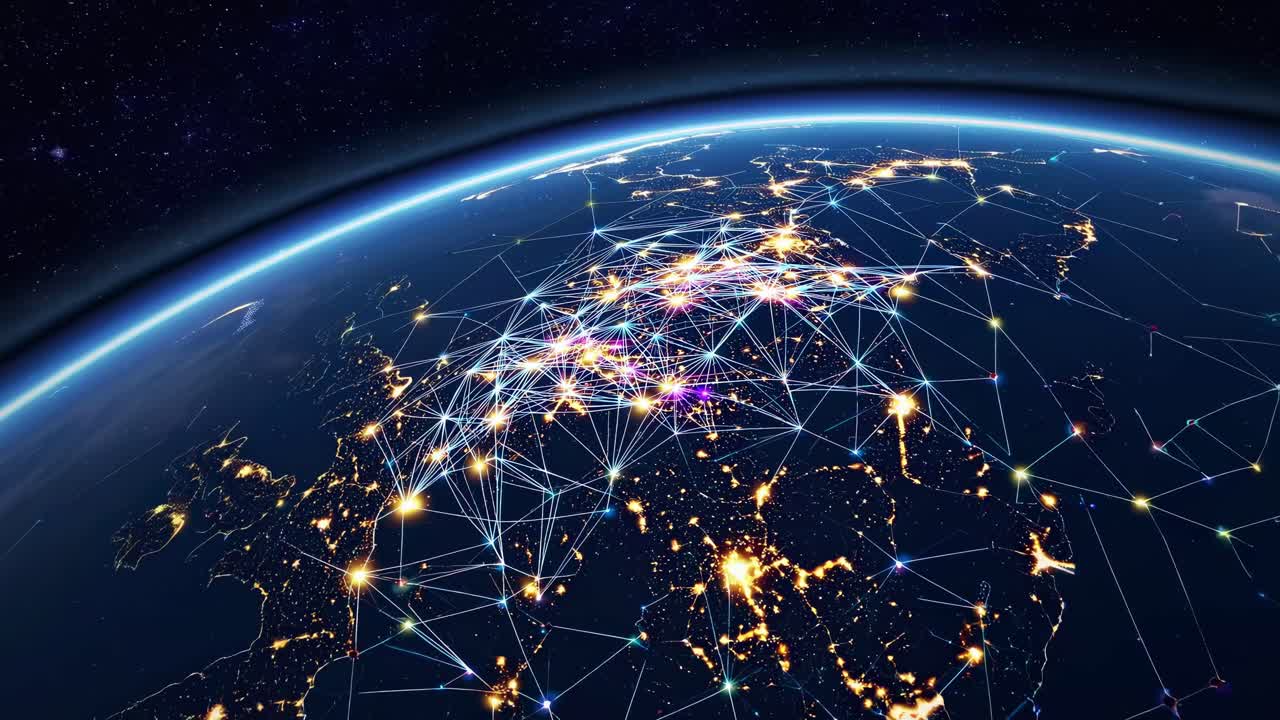 Aerial video view of Earth at night, showcasing glowing city lights and digital network connections