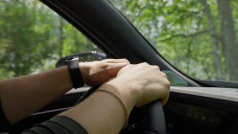 person driving a car through a forest