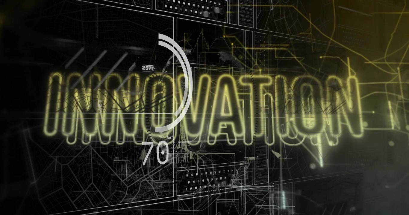 White puff sparking neon yellow INNOVATION word glowing progress ring counting to show data trends