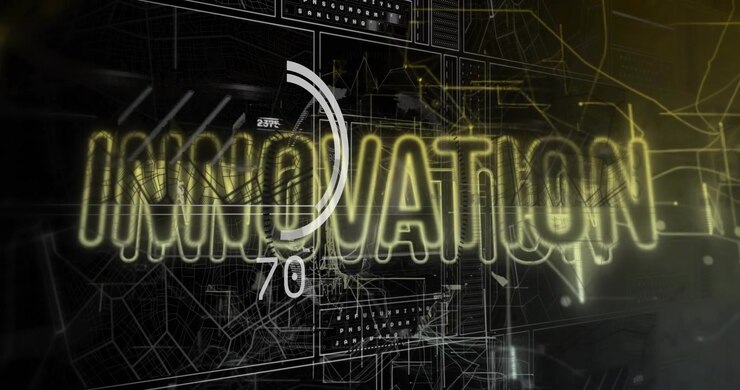 White puff sparking neon yellow INNOVATION word glowing progress ring counting to show data trends