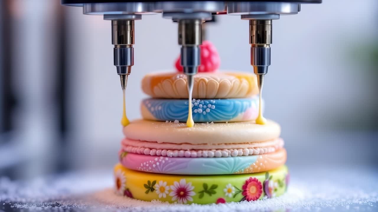 Robotic machine decorating a stack of colorful macarons with sugar icing in a modern pastry lab