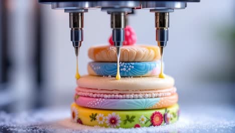 robotic machine decorating a stack of colorful macarons with sugar icing in a modern pastry lab