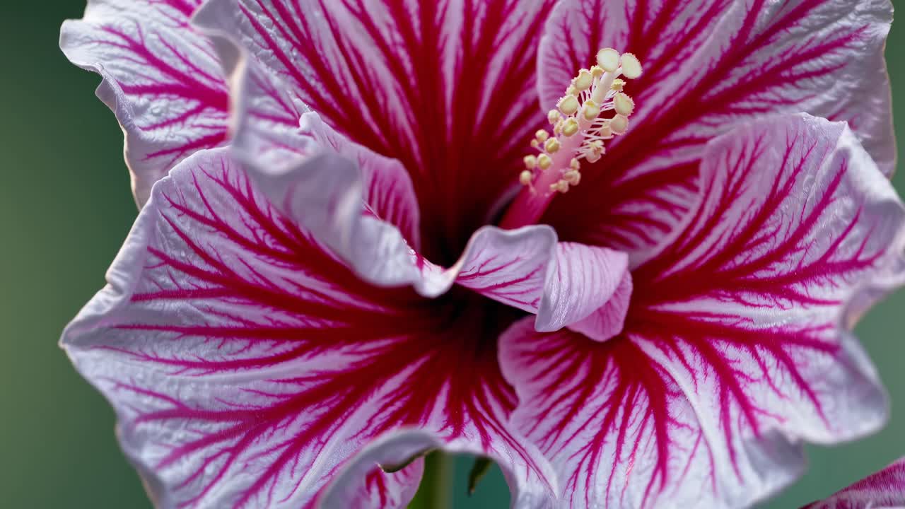 Primo piano di un video di un vivace fiore di ibisco rosa con petali dettagliati, ripreso dal basso