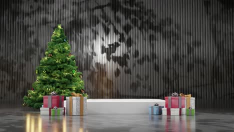 Christmas-tree-with-ornaments-and-wrapped-presents-on-a-black-floor-against-a-white-background