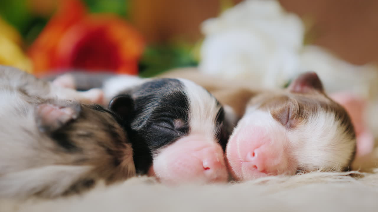 Unos pocos cachorros pequeños cerca de un ramo de flores